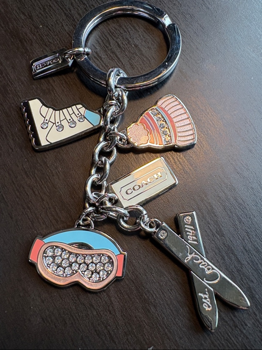 Coach Pink & Light Blue Enamel Ski Charm Keyring with Crystal Accents - Picture 1 of 7